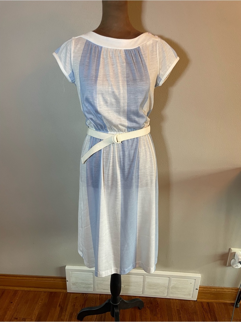 Vintage 1980’s Timely Trends  Light Blue and White Striped Midi Dress with Belt